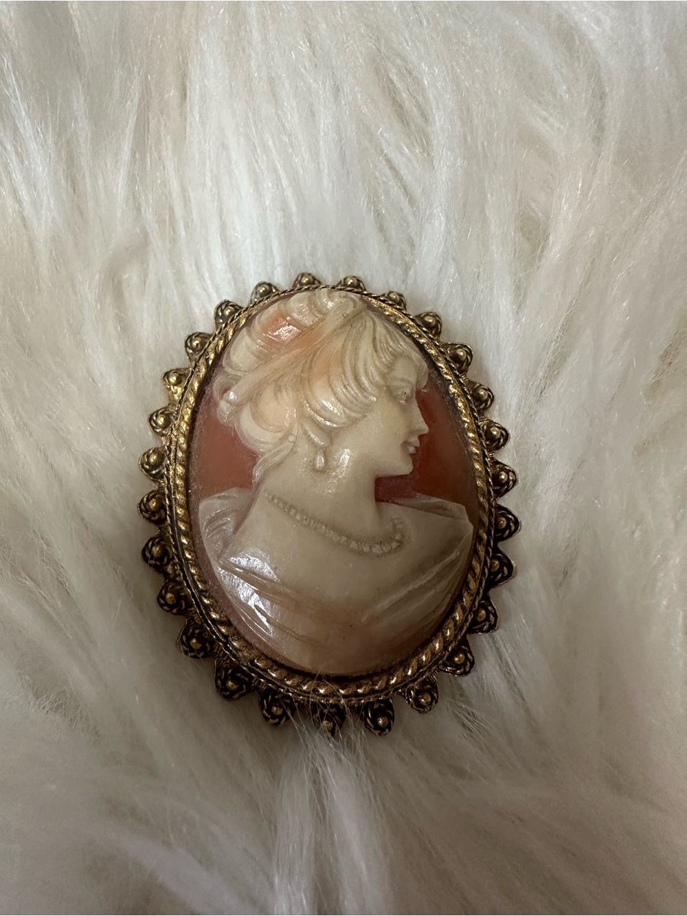 Vintage Cameo Brooch Pin in Cream and Coral with Gold Tone Frame